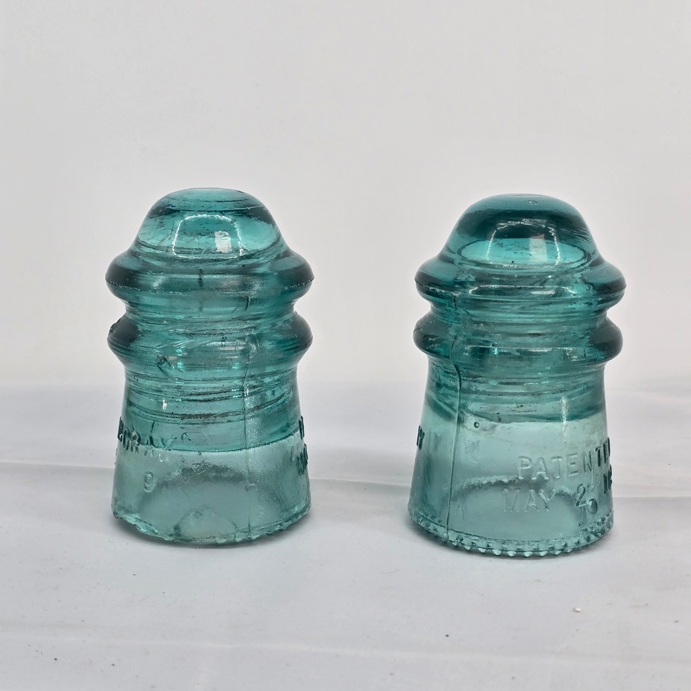 Vintage Hemingray Aqua Glass Insulators Patent May 2 1893 CD 162 Set of 2
